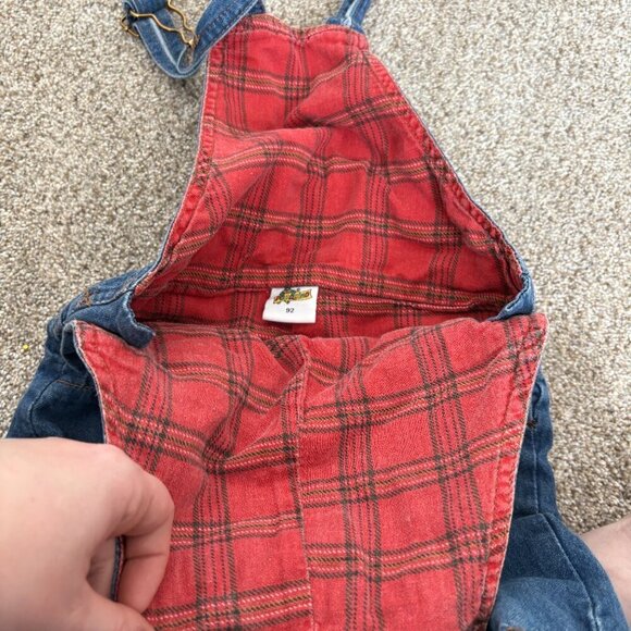 Denim Overalls Kids Flannel Lined Size 92 ~2T Jean Red Flannel Spring Fall - Picture 10 of 13